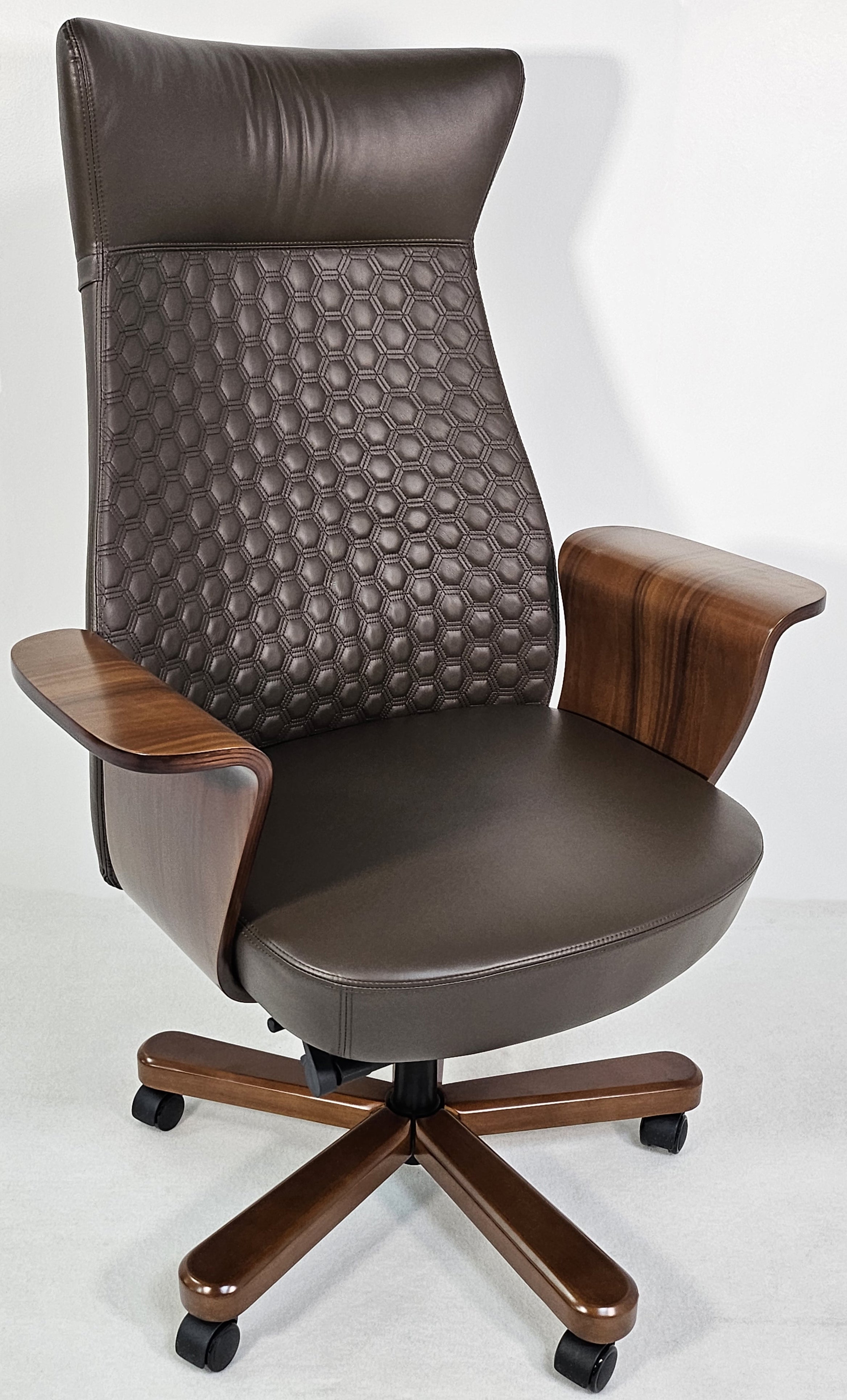 Modern Genuine Brown Leather High Back Office Chair with Hexagonal Design - 6084HL